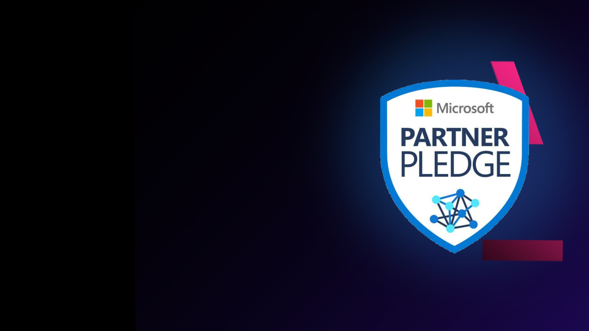 Dark blue background with Microsoft Partner Pledge badge at the side